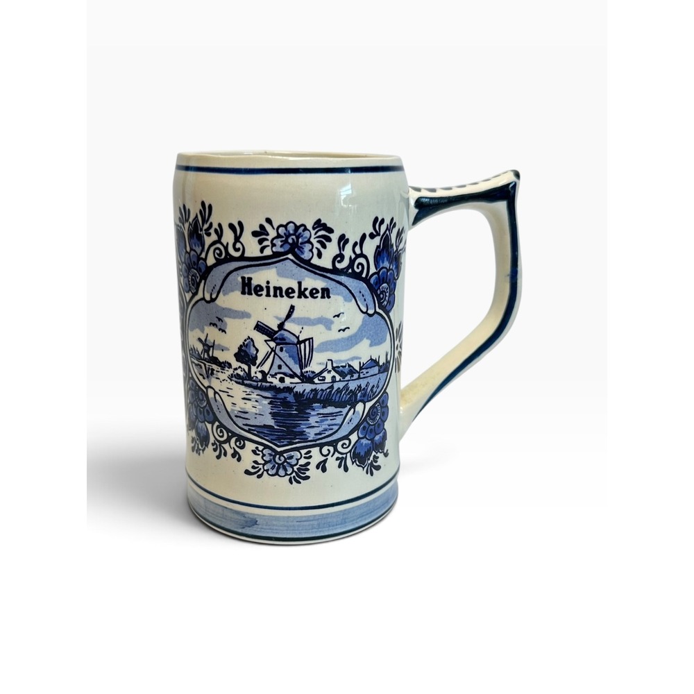 Heineken Beer Stein Delft Blue Handpainted Holland Windmill Sailboat Mug White